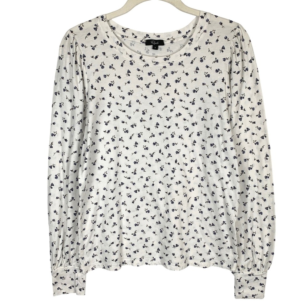 RAILS Emilia Indigo Buds Floral Puff Shoulder Cotton Top Sz S White Blue L/S